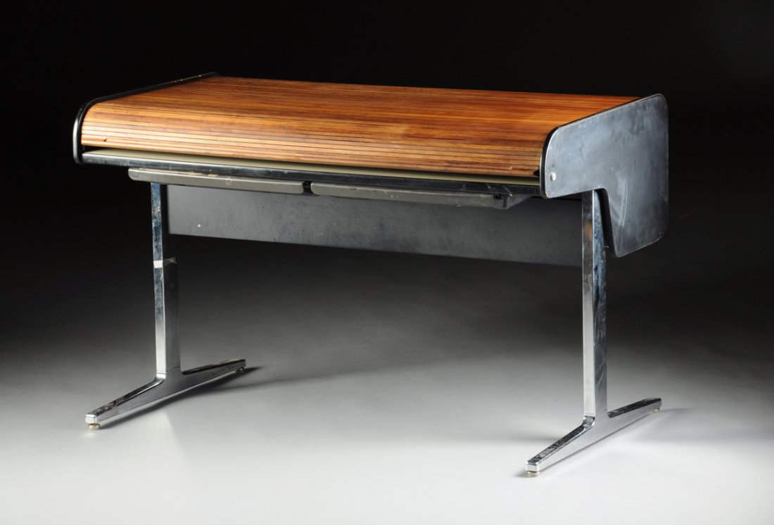 GEORGE NELSON (American 1908-1986) AND ROBERT PROBST: GEORGE NELSON (American 1908-1986) AND ROBERT PROBST (American 1921-2001) WALNUT, POLISHED ALUMINUM, LAMINATE AND PLASTIC "ACTION OFFICE 1" DESK, MODEL 649, FOR HERMAN MILLER, INC., ZEELAND, MICHIGAN,