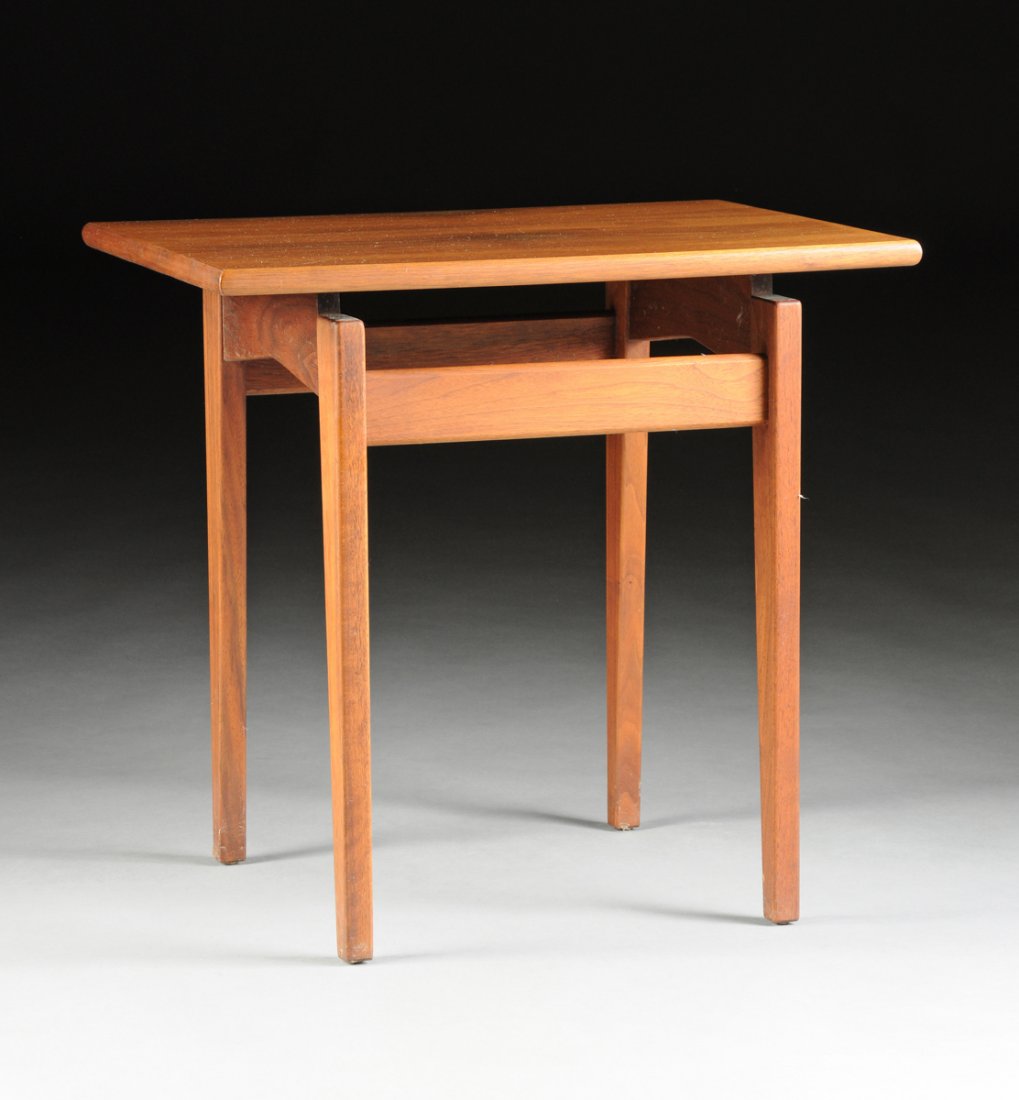 JENS RISOM (Danish/American b. 1916) A WALNUT AND: JENS RISOM (Danish/American b. 1916) A WALNUT AND LAMINATE END TABLE, MODEL T-438, FOR JENS RISOM DESIGNS, INC, NEW YORK, NEW YORK, 1957, the solid walnut base with tapered legs and shaped stretchers