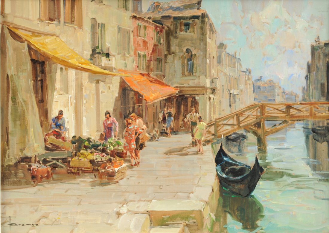 ANGELO BROMBO (American 1893-1962) A PAINTING, "Venice: ANGELO BROMBO (American 1893-1962) A PAINTING, "Venice Canal," oil on canvas, L/L. 19 1/2" x 27 1/2"