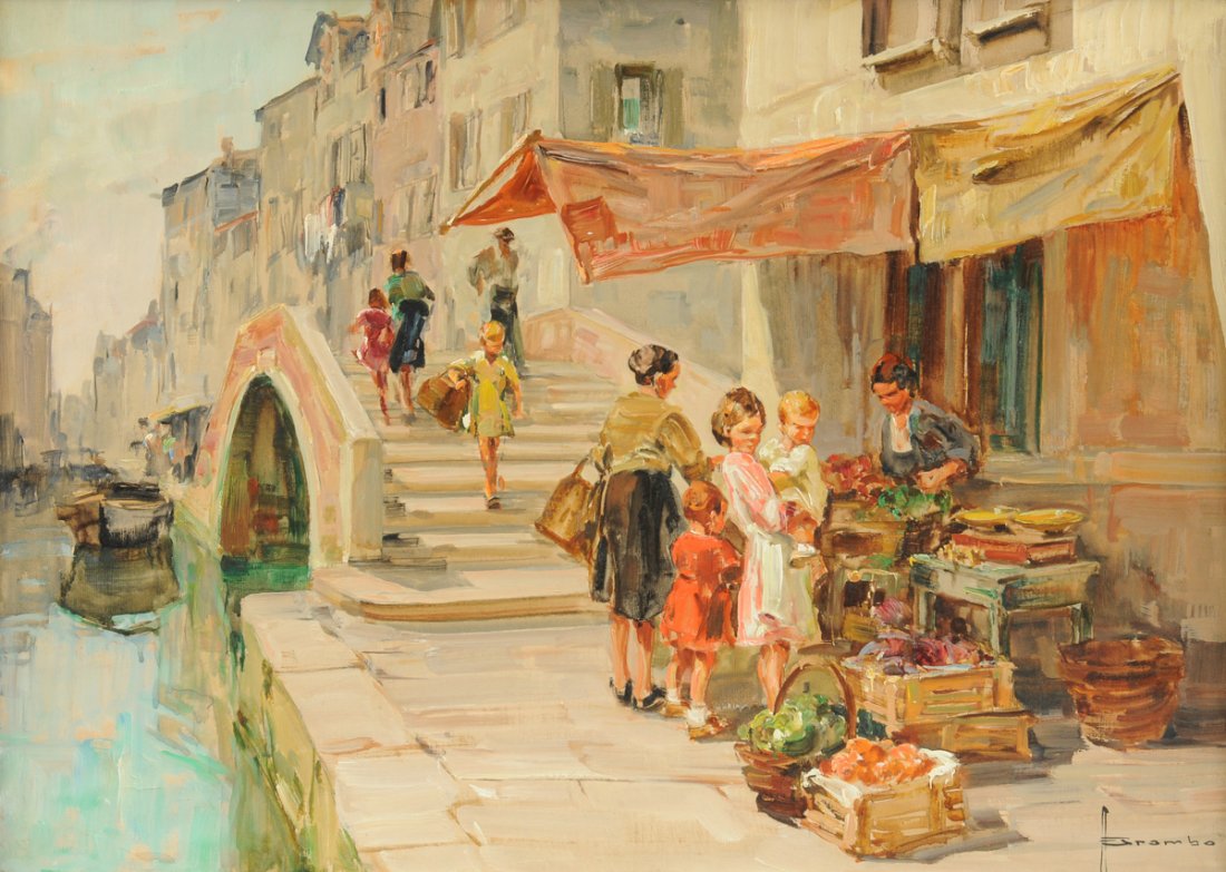 ANGELO BROMBO (American 1893-1962) A PAINTING, "Market: ANGELO BROMBO (American 1893-1962) A PAINTING, "Market in Venice," oil on canvas, signed L/R. 19 1/2" x 27 1/2"