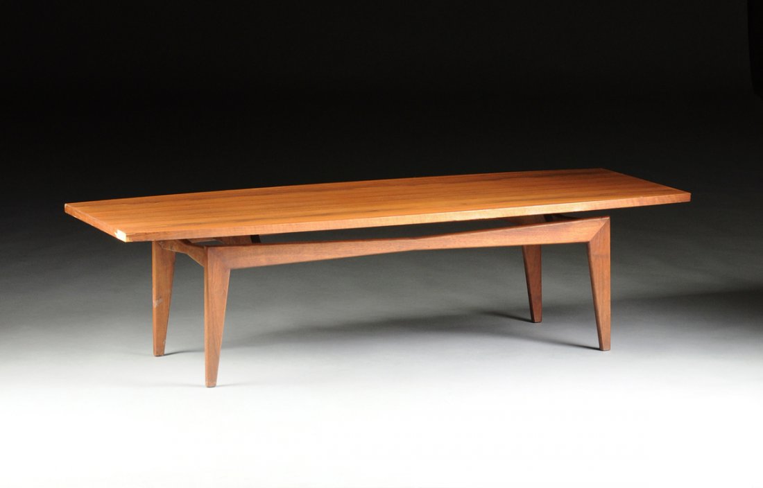 JENS RISOM (Danish/American b. 1916) A TEAK AND FORMICA: JENS RISOM (Danish/American b. 1916) A TEAK AND FORMICA COFFEE TABLE, FOR JENS RISOM DESIGN, INC., NEW YORK, NEW YORK, CIRCA 1960, of cantilevered splayed leg design with shaped rectangular Formica to