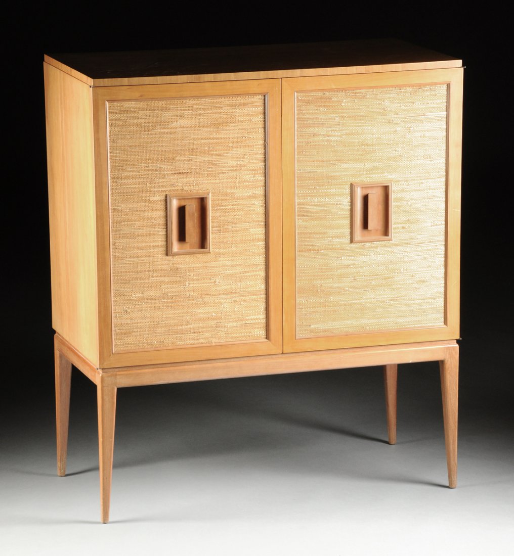 JOSEF FRANK (Austrian/Swedish 1885-1967) A BIRCH,: In the manor of JOSEF FRANK (Austrian/Swedish 1885-1967) A BIRCH, RIBBON MAHOGANY AND CANE HIGHBOARD, FOR SVENSK TENN, STOCKHOLM, SWEDEN, CIRCA 1955, the square two-door birch cabinet with ribbon maho