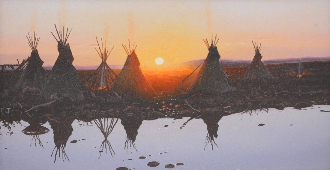TED J. FEELEY (American 20th Century) A PAINTING,: TED J. FEELEY (American 20th Century) A PAINTING, "Setting Sun," oil on canvas board, initialed "TJ" L/L. 7 1/2" x 11 1/2"