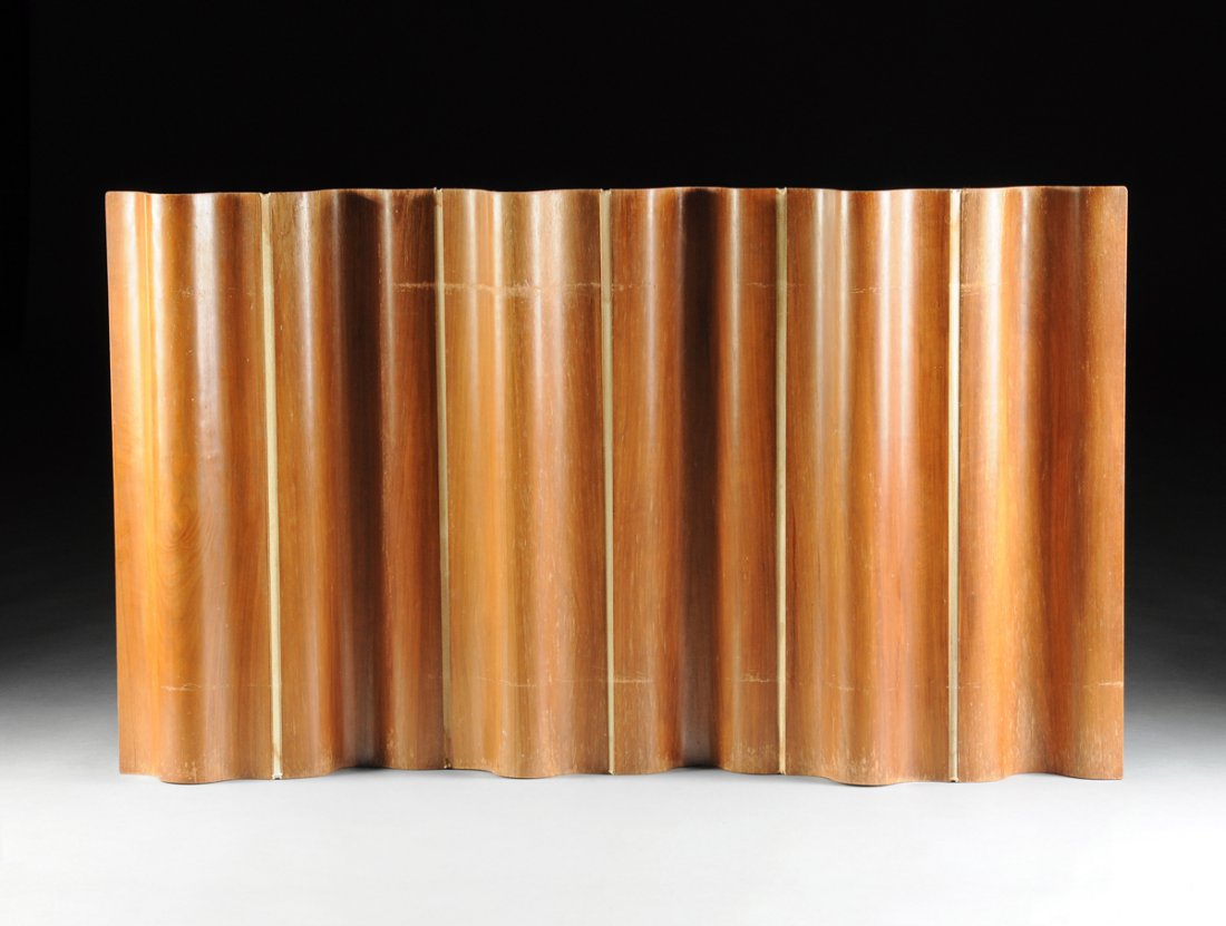 CHARLES AND RAY EAMES (American 1907-1978/1912-1988) A: CHARLES AND RAY EAMES (American 1907-1978/1912-1988) A SIX PANEL HALF HEIGHT FOLDING MOLDED LAMINATED WALNUT PLYWOOD AND CANVAS SCREEN, MODEL FSW-6, FOR HERMAN MILLER, INC., ZEELAND, MICHIGAN, DESIGNE