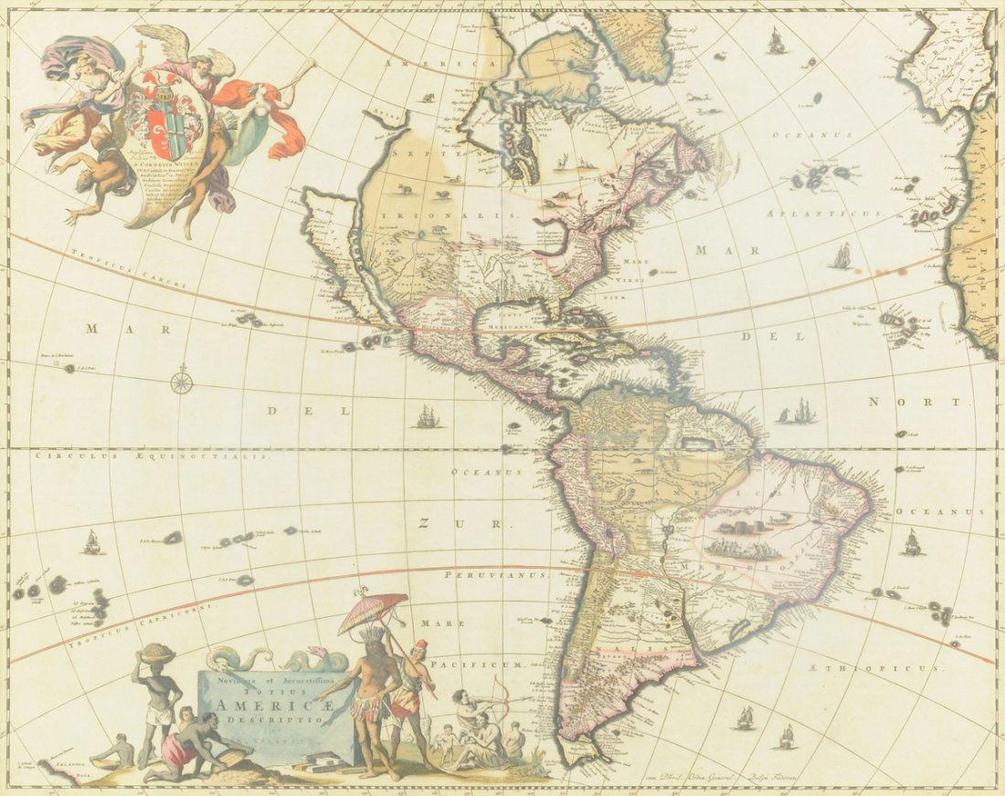 A FRAMED DUTCH HAND COLORED COPPER PLATE CARTOGRAPHIC: A FRAMED DUTCH HAND COLORED COPPER PLATE CARTOGRAPHIC ENGRAVING OF AMERICA AFTER NICHOLAUS VISSCHER "NOVISSIMA ET ACCURATISSIMA TOTIUS AMERICAE DESCRIPTIO PER N. VISSCHER," AMSTERDAM, 1670, the map of