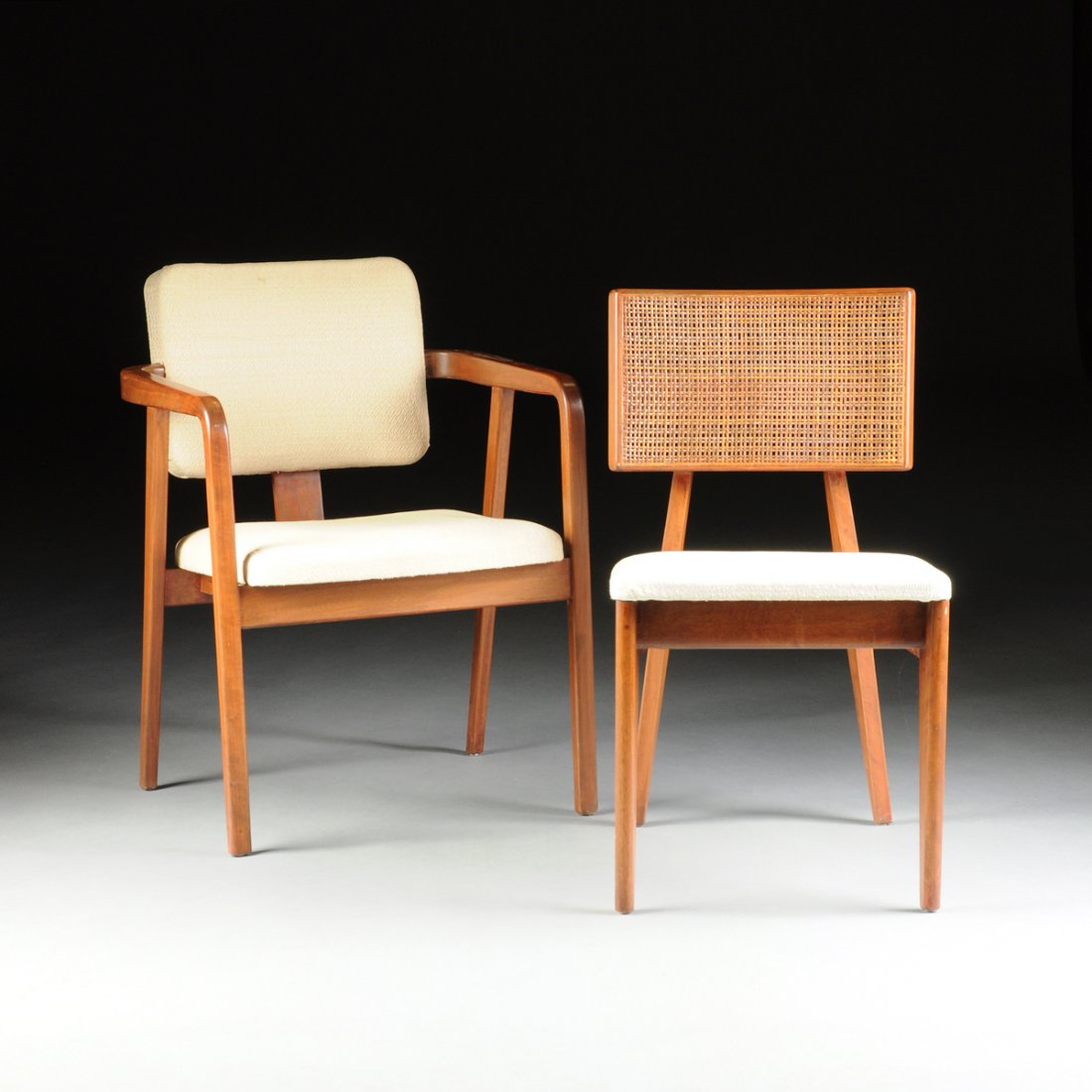 GEORGE NELSON & ASSOCIATES / ERNEST FARMER (American: GEORGE NELSON & ASSOCIATES / ERNEST FARMER (American 20th Century) A SET OF TWELVE UPHOLSTERED MAHOGANY DINING CHAIRS, FOR HERMAN MILLER, INC., ZEELAND, MICHIGAN, DESIGNED 1946-1947, comprising ten mo