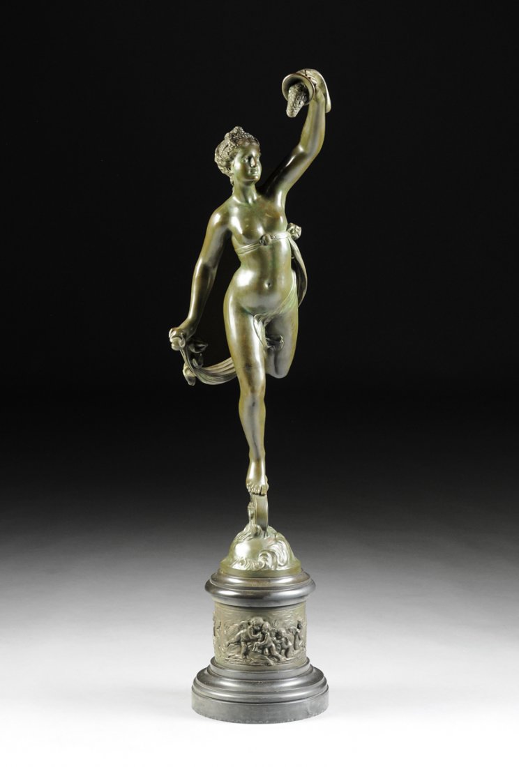 after JEAN DE BOLOGNE (French/Italian 1524-1608) A DARK: after JEAN DE BOLOGNE (French/Italian 1524-1608) A DARK GREEN PATINATED BRONZE STATUE OF FORTUNA, PROBABLY FRENCH, LATE 19TH CENTURY, nicely cast and modeled as the classically draped goddess alights 