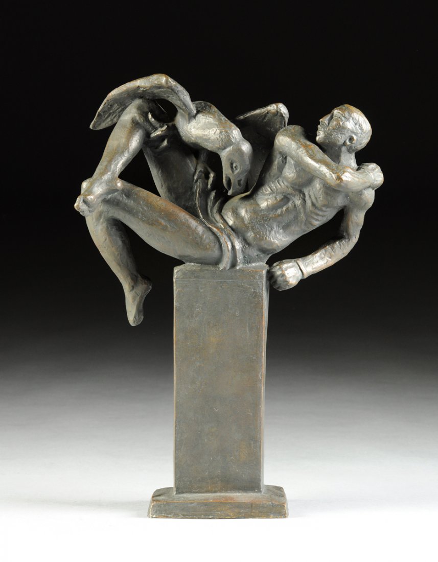 CHARLES UMLAUF (American 1911-1944) A PATINATED BRONZE: CHARLES UMLAUF (American 1911-1944) A PATINATED BRONZE SCULPTURE, "Prometheus," signed in the bronze, "C UMLAUF," raised on an incorporated patinated bronze rectangular pedestal and conforming plinth,