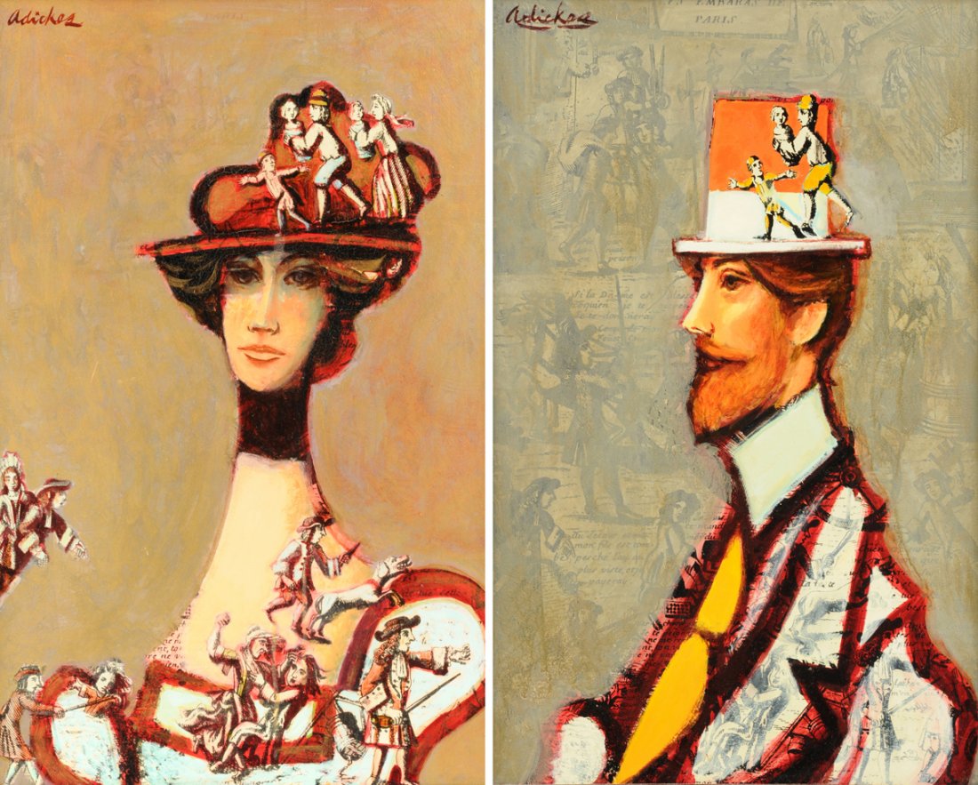 DAVID ADICKES (American/Texas b. 1927) A PAINTING, "Two: DAVID ADICKES (American/Texas b. 1927) A PAINTING, "Two Profiles," collage and acrylic on board, both signed U/L. 23" x 15"