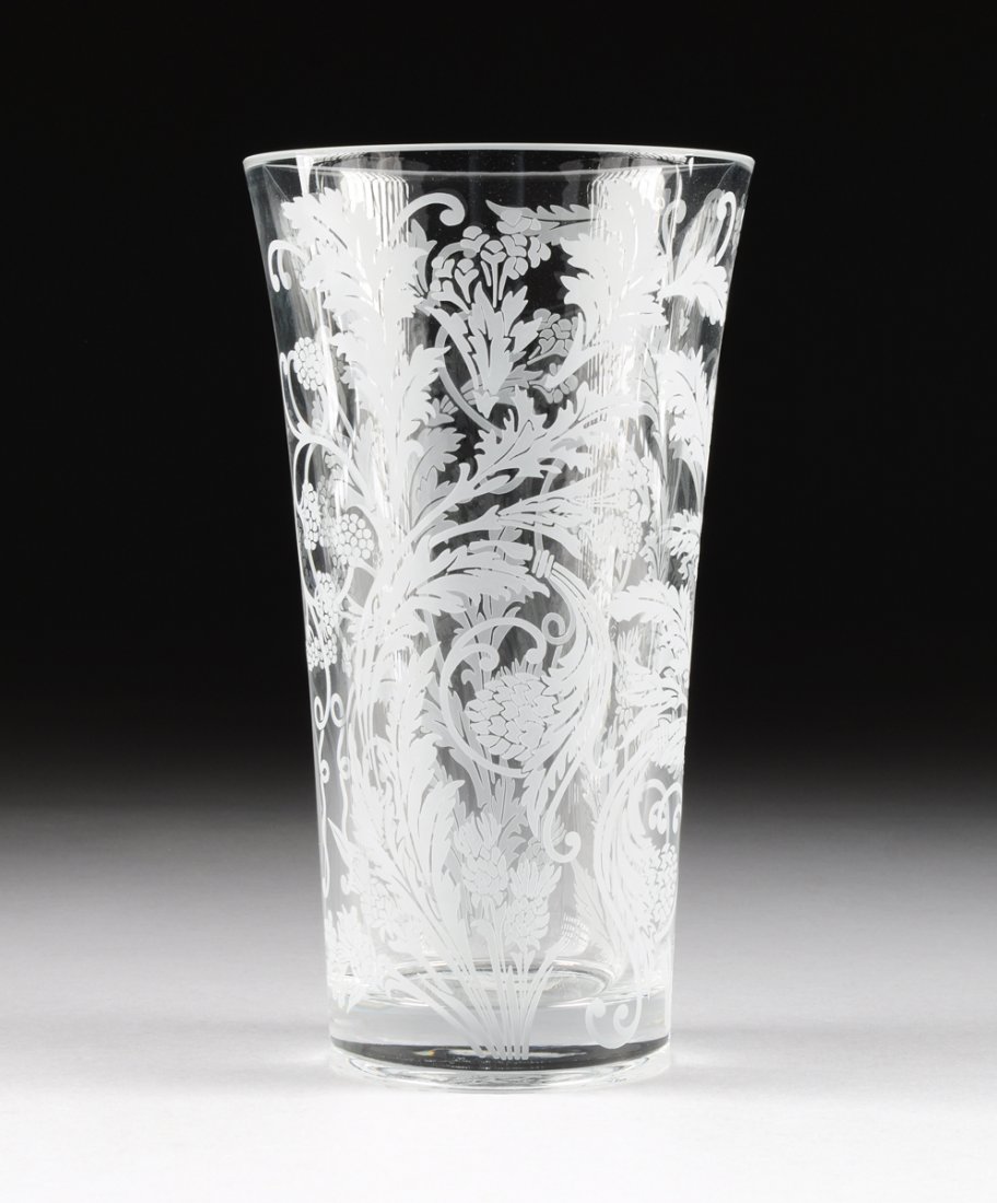 A CHRISTOFLE ETCHED CRYSTAL VASE, SIGNED, MODERN,: A CHRISTOFLE ETCHED CRYSTAL VASE, SIGNED, MODERN, of flaring cylindrical form and sides with scrolling berried and blossoming leafy foliage, above base side with acid etched signature, "Christofle." H