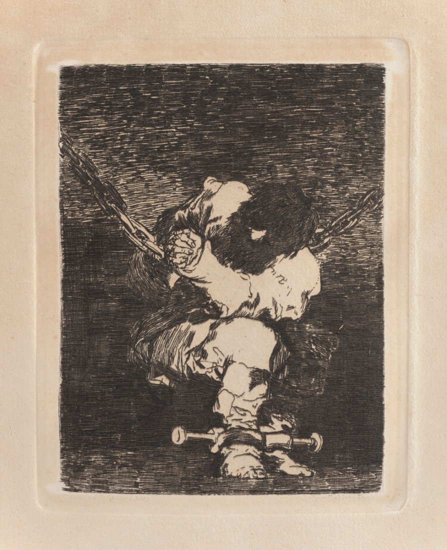 FRANCISCO JOSÉ DE GOYA Y LUCIENTES (Spanish 1746-1828): FRANCISCO JOSÉ DE GOYA Y LUCIENTES (Spanish 1746-1828) AN ETCHING, "The Prisoner," on paper. 14" x 16"