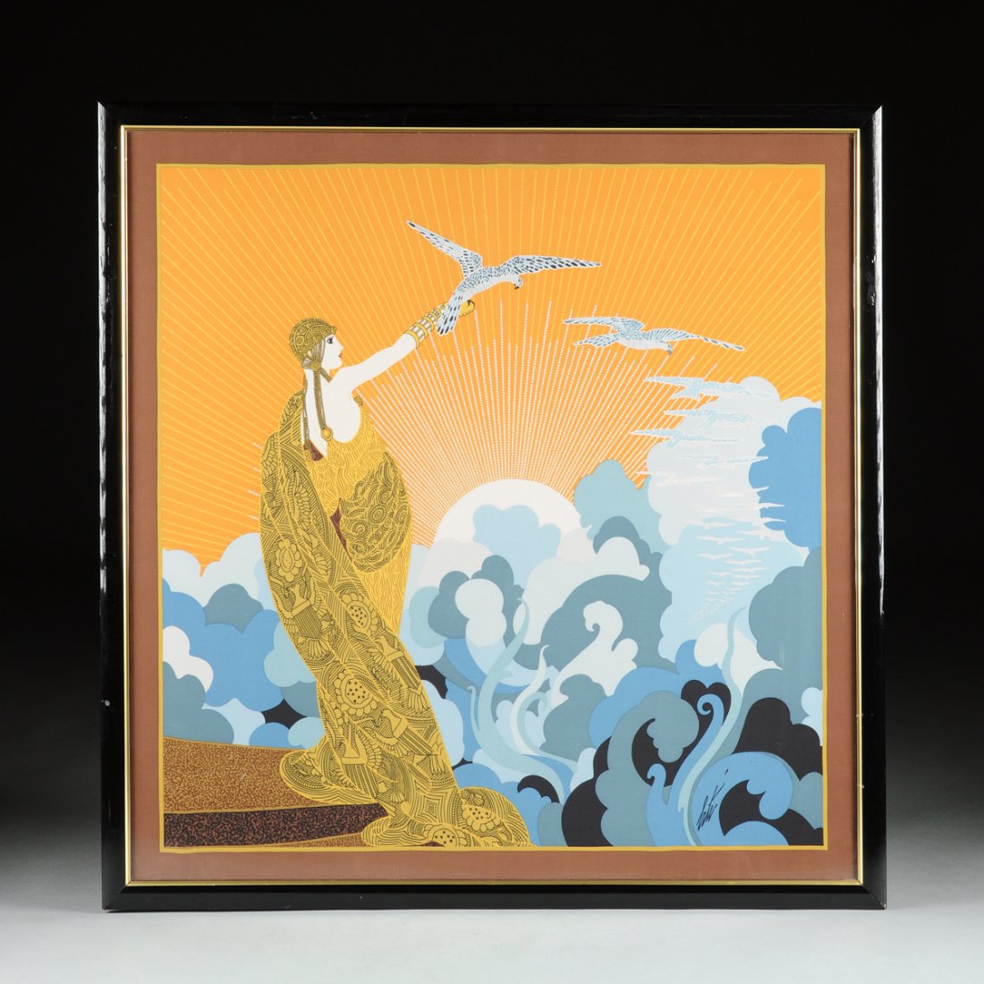 ERTÉ (ROMAIN DE TIRTOFF) (Russian/French 1892-1990): ERTÉ (ROMAIN DE TIRTOFF) (Russian/French 1892-1990) FRAMED SILK SCARF, "Wings of Time," ITALY, CIRCA 1970-1980, reproduced signature lower right, in black lacquered wood frame. Height: 34" Width: 34"