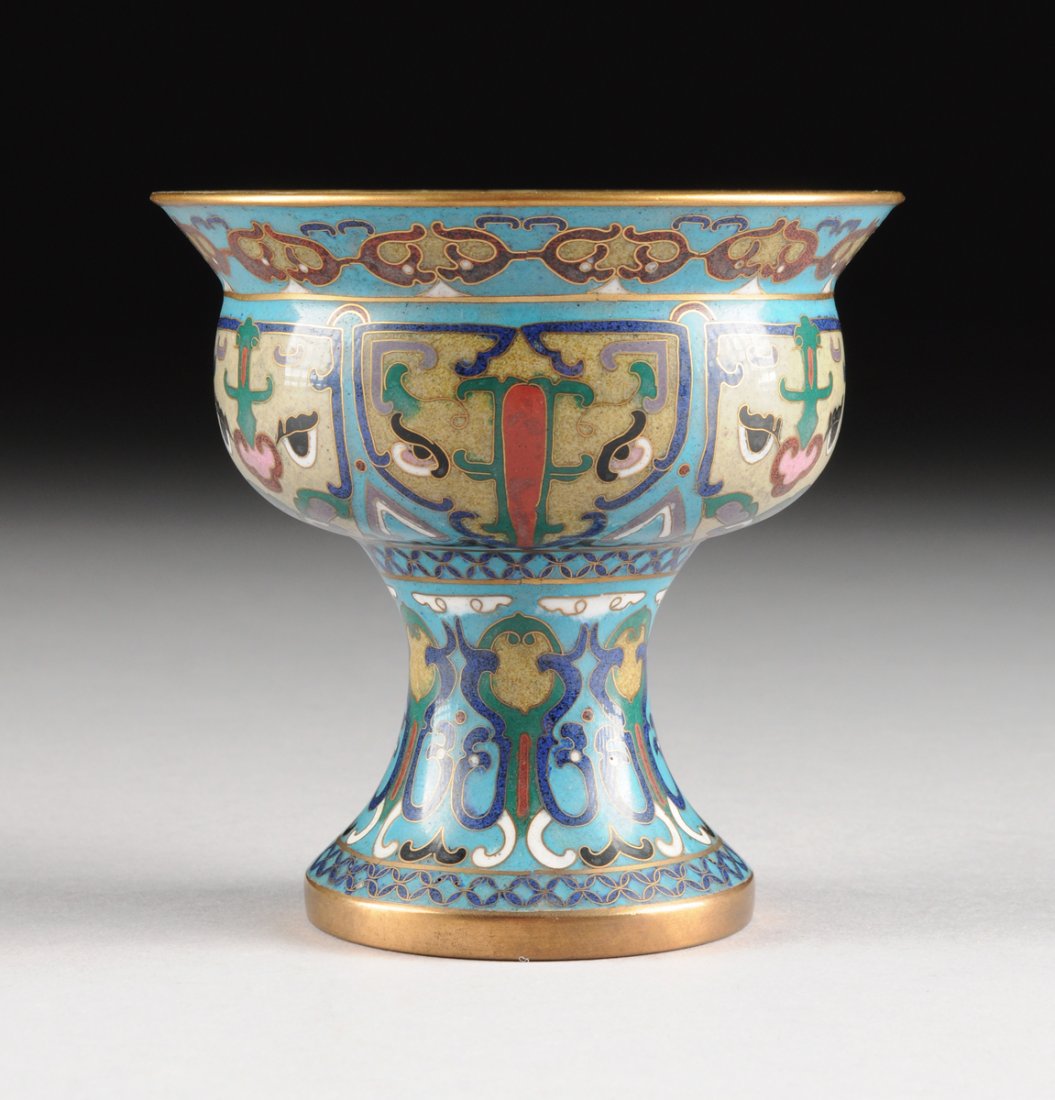 A CHINESE CLOISONN ENAMEL HIGH STEM CUP, POSSIBLY LATE (1 of 6)