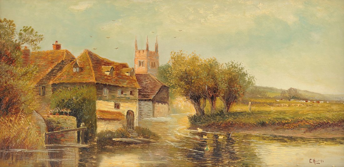 BRITISH SCHOOL (19TH/20TH Century) A PAINTING, "Village: BRITISH SCHOOL (19TH/20TH Century) A PAINTING, "Village by the River," oil on canvas, signed L/R. 12" x 24"