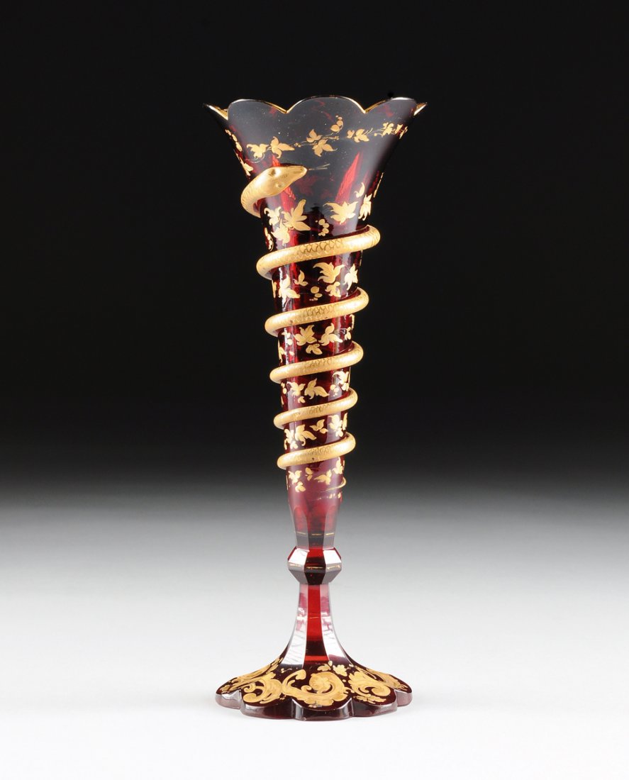 A BOHEMIAN PARCEL GILT RUBY GLASS VASE, CZECHOSLOVAKIA, (1 of 9)