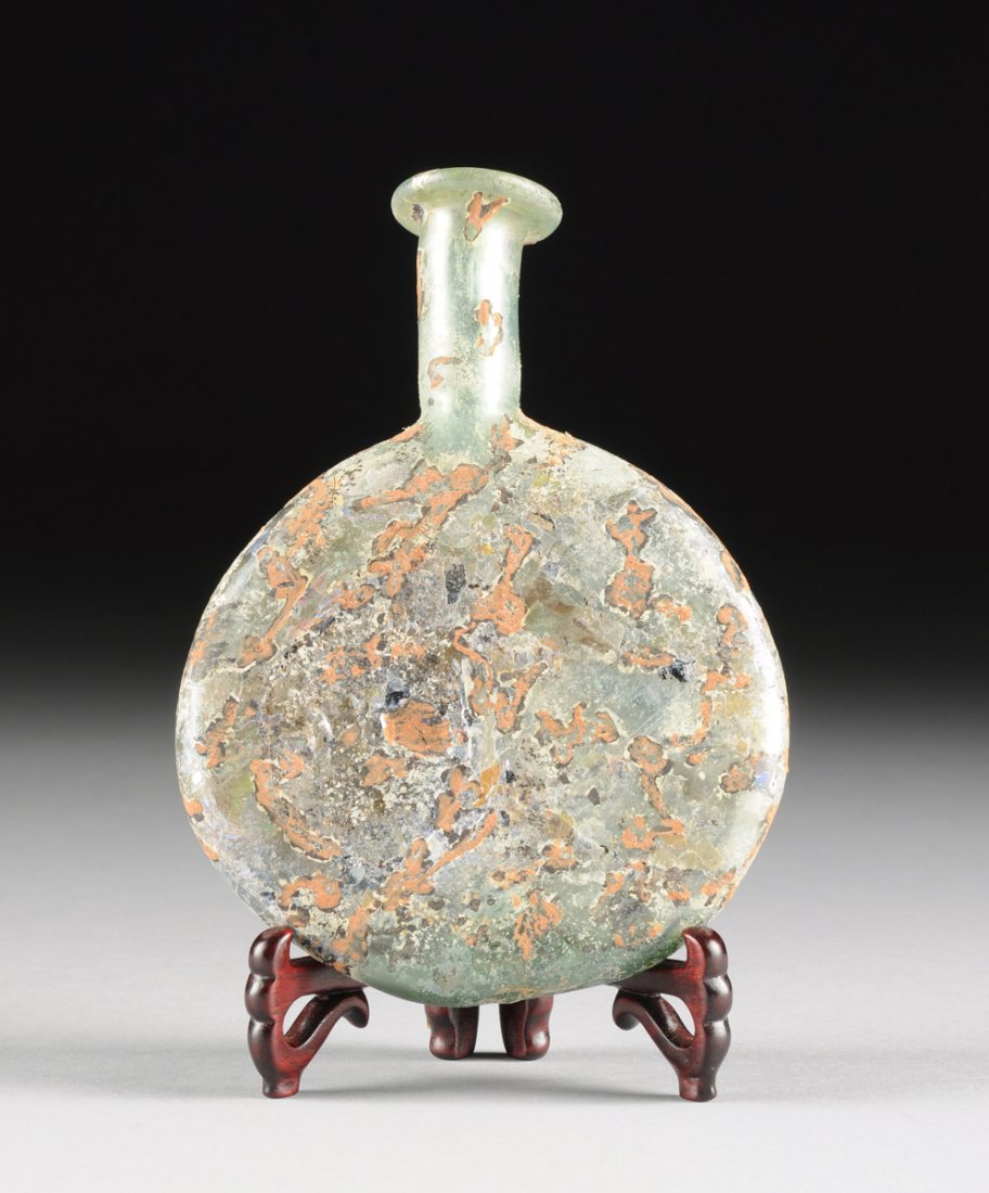 A ROMAN GLASS FLASK, ROMAN ISRAEL, 100 A.D. - 200 A.D., (1 of 7)