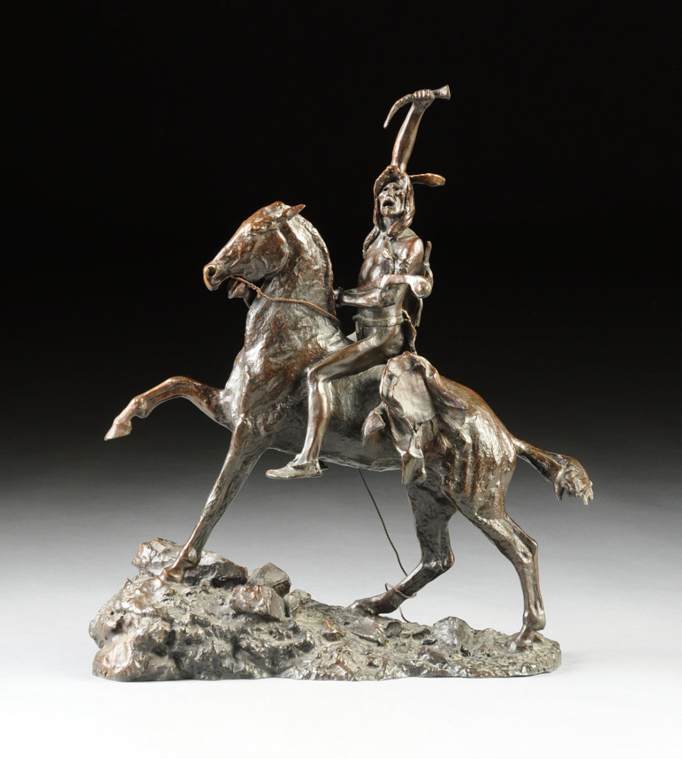 after FREDERIC REMINGTON (American 1861-1909) A: after FREDERIC REMINGTON (American 1861-1909) A PATINATED BRONZE SCULPTURE, "The Scalp," "Copyrighted by/Frederic Remington" incised in the bronze. Height: 22" Width: 17 1/8" Depth: 8"