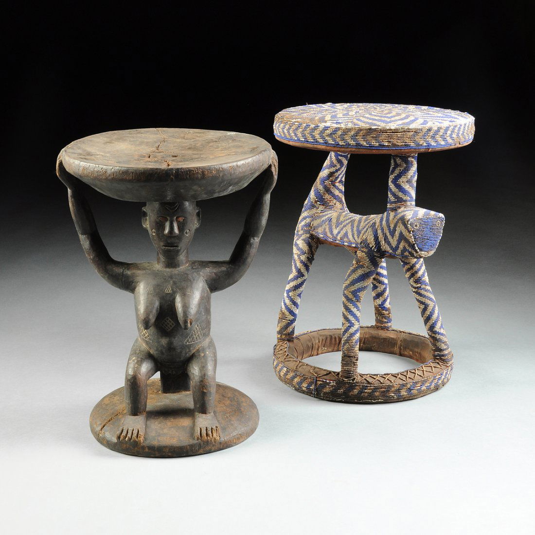 TWO AFRICAN TRIBAL STOOLS, POSSIBLY BAKONGA PEOPLES AND (1 of 5)