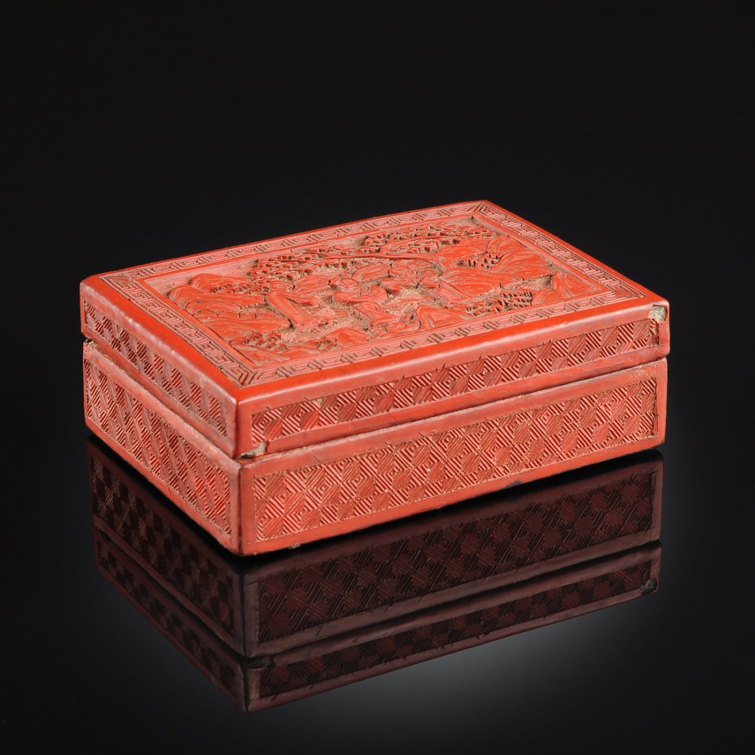 A CHINESE CINNABAR SQUARE LACQUER BOX AND COVER, 19TH (1 of 6)