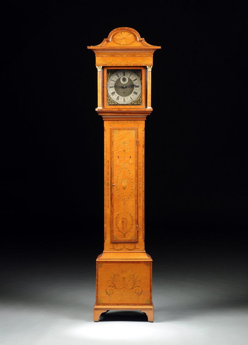 A GEORGE III MARQUETRY INLAID SATINWOOD CLOCK LONGCASE, (1 of 10)