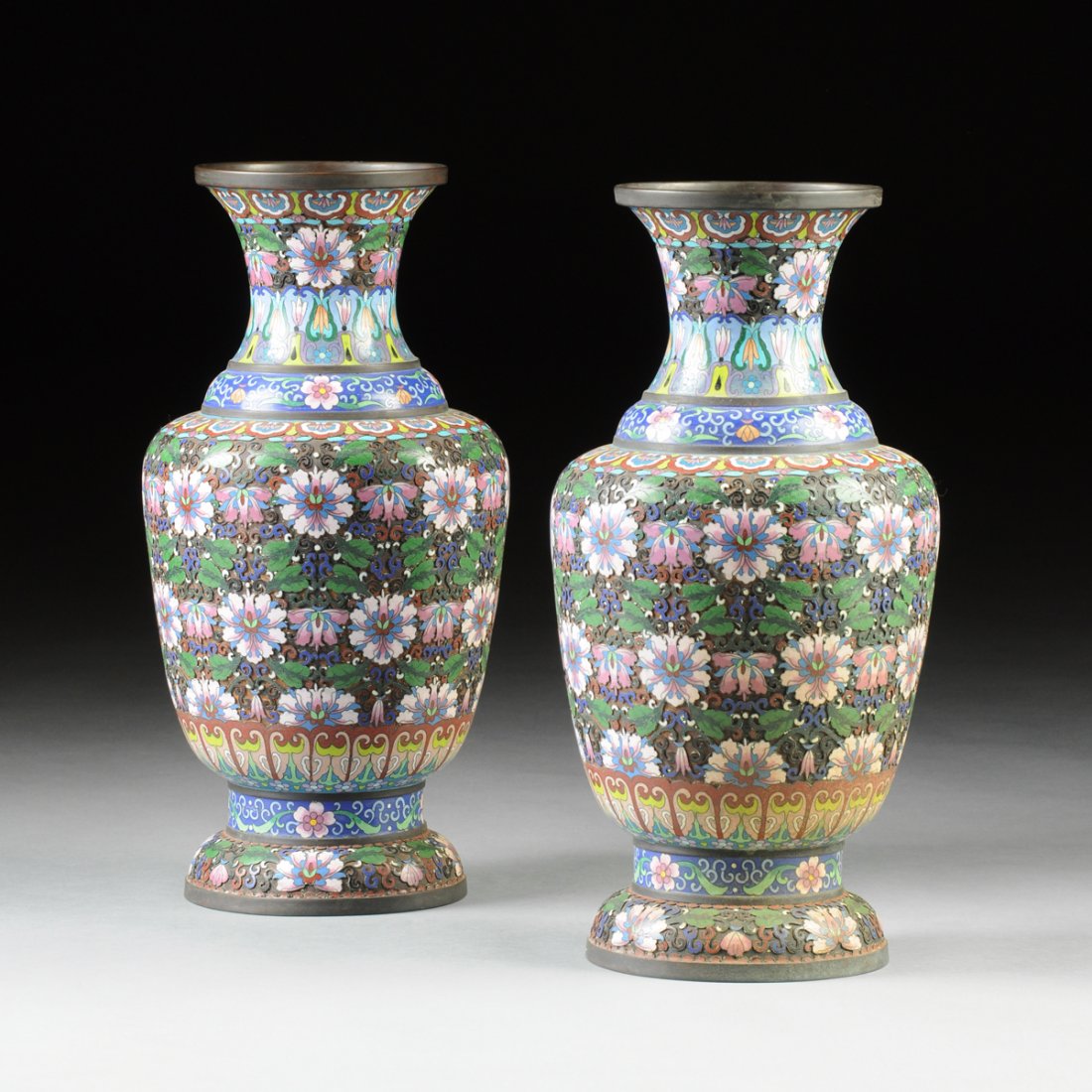 A PAIR OF VINTAGE CHINESE POLYCHROME ENAMELED CLOISONN (1 of 8)