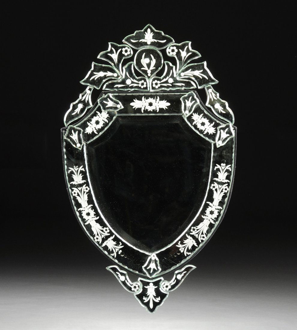 AN ETCHED SHIELD FORM WALL MIRROR, LATE 20TH CENTURY, (1 of 5)