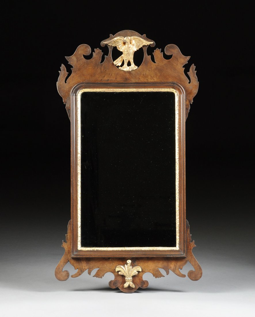 A QUEEN ANN PARCEL GILT WALNUT AND CARVED WOOD MIRROR, (1 of 7)