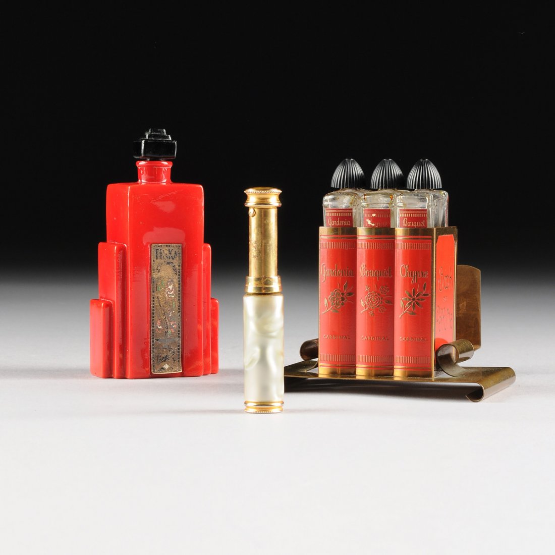 TWO VINTAGE ART DECO PERFUME BOTTLE PRESENTATIONS, (1 of 9)