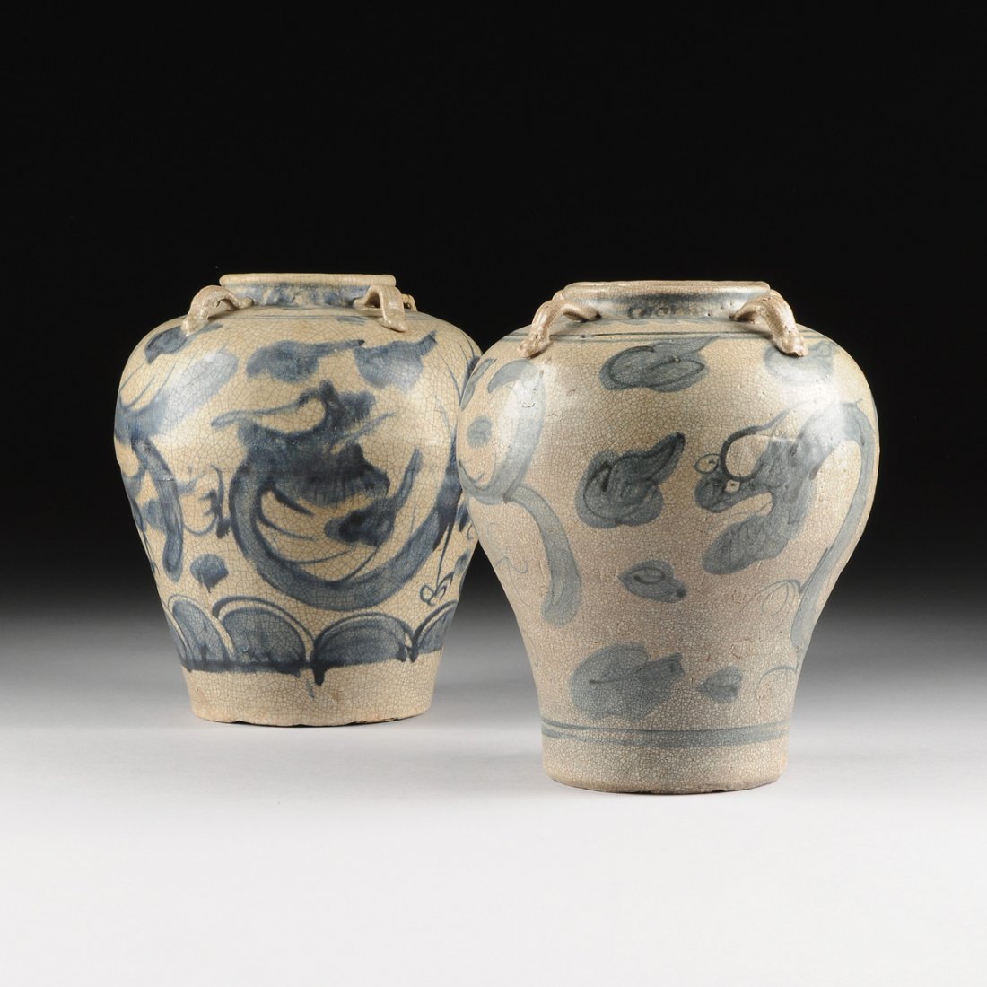 A MATCHED PAIR OF CHINESE BLUE AND WHITE GLAZED JARS, (1 of 10)
