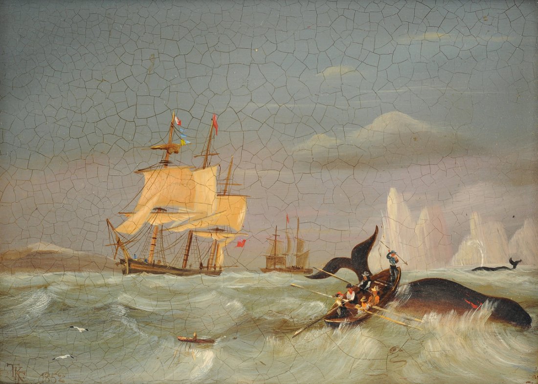 CONTINENTAL SCHOOL (19th Century) A PAINTING,: CONTINENTAL SCHOOL (19th Century) A PAINTING, "Whaling," oil on copper, signed "T.K.F." and dated "1852" L/L. 7 1/4" x 9 1/2"