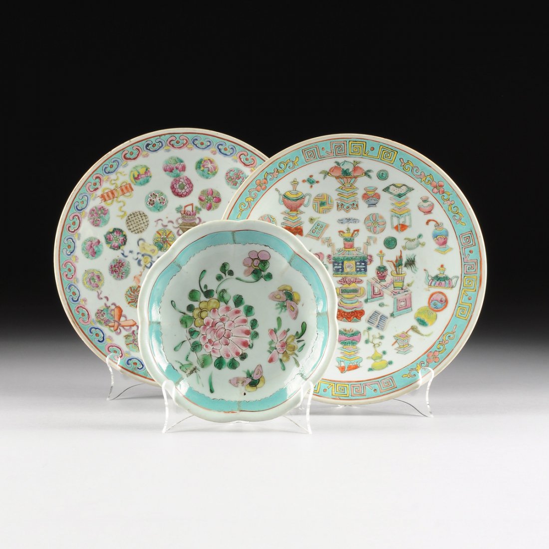 A GROUP OF THREE CHINESE POLYCHROME ENAMELED FAMILLE (1 of 10)