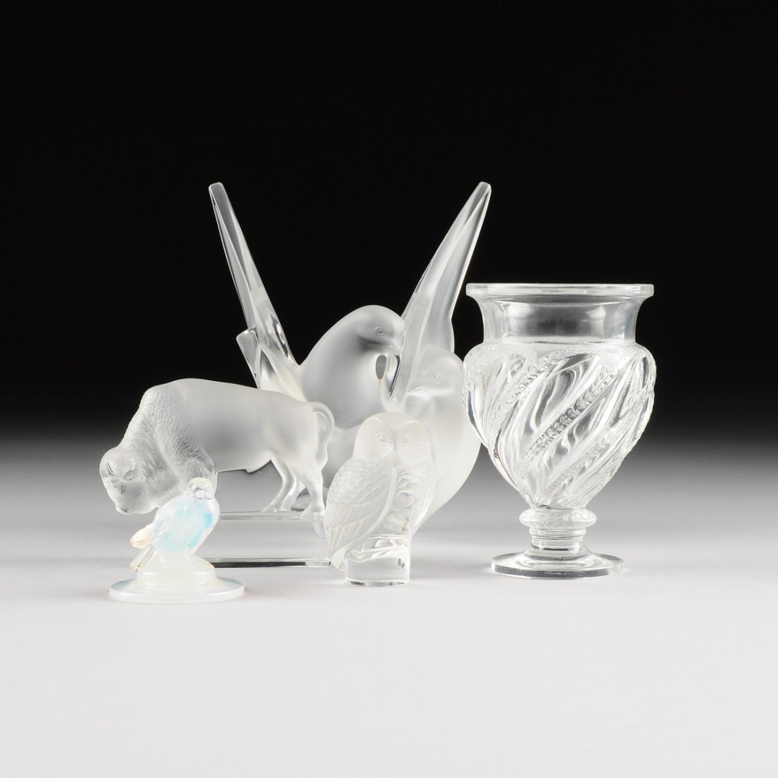 A COLLECTION OF FIVE LALIQUE CLEAR AND FROSTED GLASS (1 of 10)