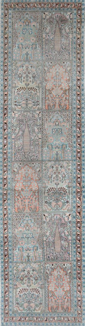 A MODERN PERSIAN PALE BLUE FIELD SILK RUNNER, (1 of 4)