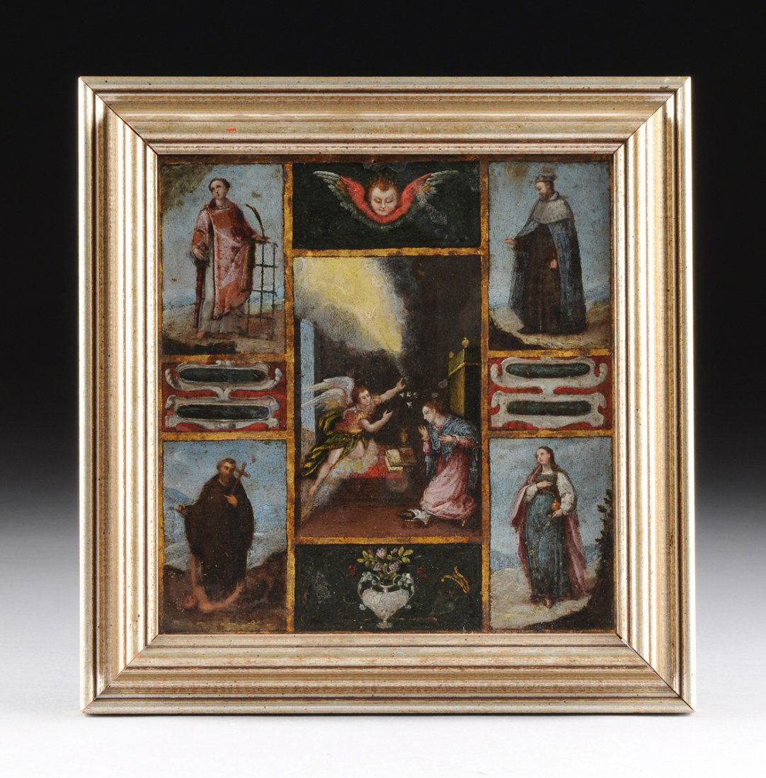 A SPANISH COLONIAL POLYCHROME RETABLO ON CANVAS, 19TH (1 of 9)