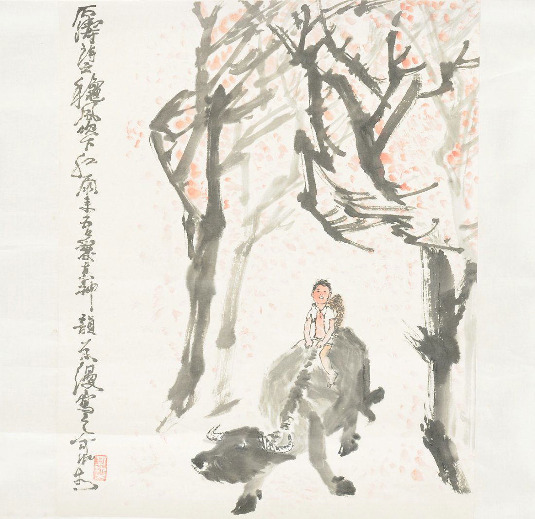 A CHINESE "BOY ON OX" WATERCOLOR SCROLL, SIGNED, 20TH (1 of 4)