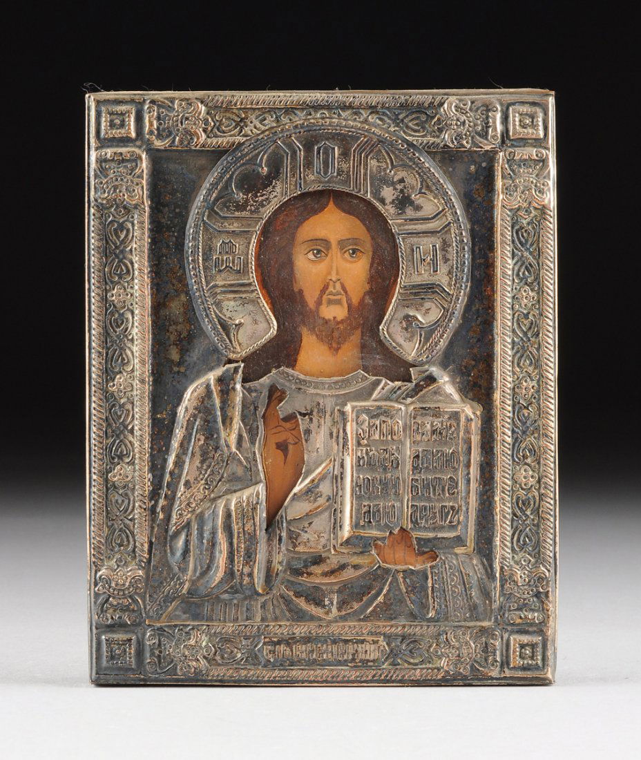 AN ANTIQUE RUSSIAN SILVER OKLAD MOUNTED ICON OF CHRIST (1 of 8)