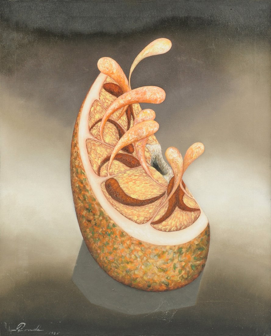 OLGA DONDE (Mexican 1937-2004) A PAINTING, "Fruta: OLGA DONDE (Mexican 1937-2004) A PAINTING, "Fruta Cortada," oil on canvas, signed and dated "1985" L/L. 30" x 24"