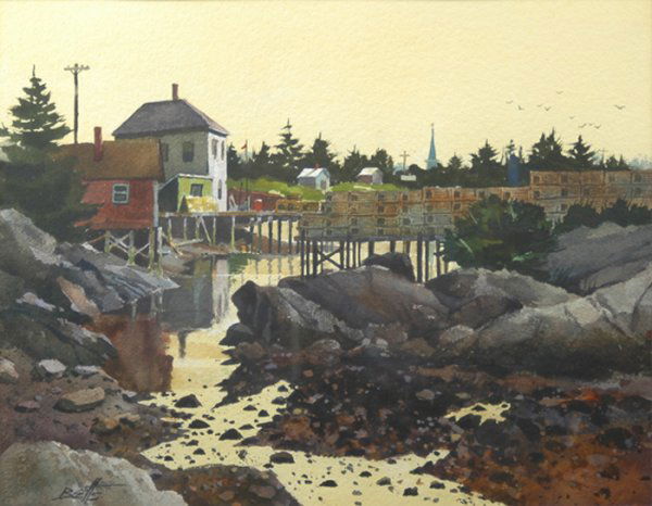 EDWARD HOWARD BETTS (American b. 1920) A watercol: EDWARD HOWARD BETTS (American b. 1920) A watercolor, "Rocky Shore," on paper, signed. 16 1/2" x 21". Framed.