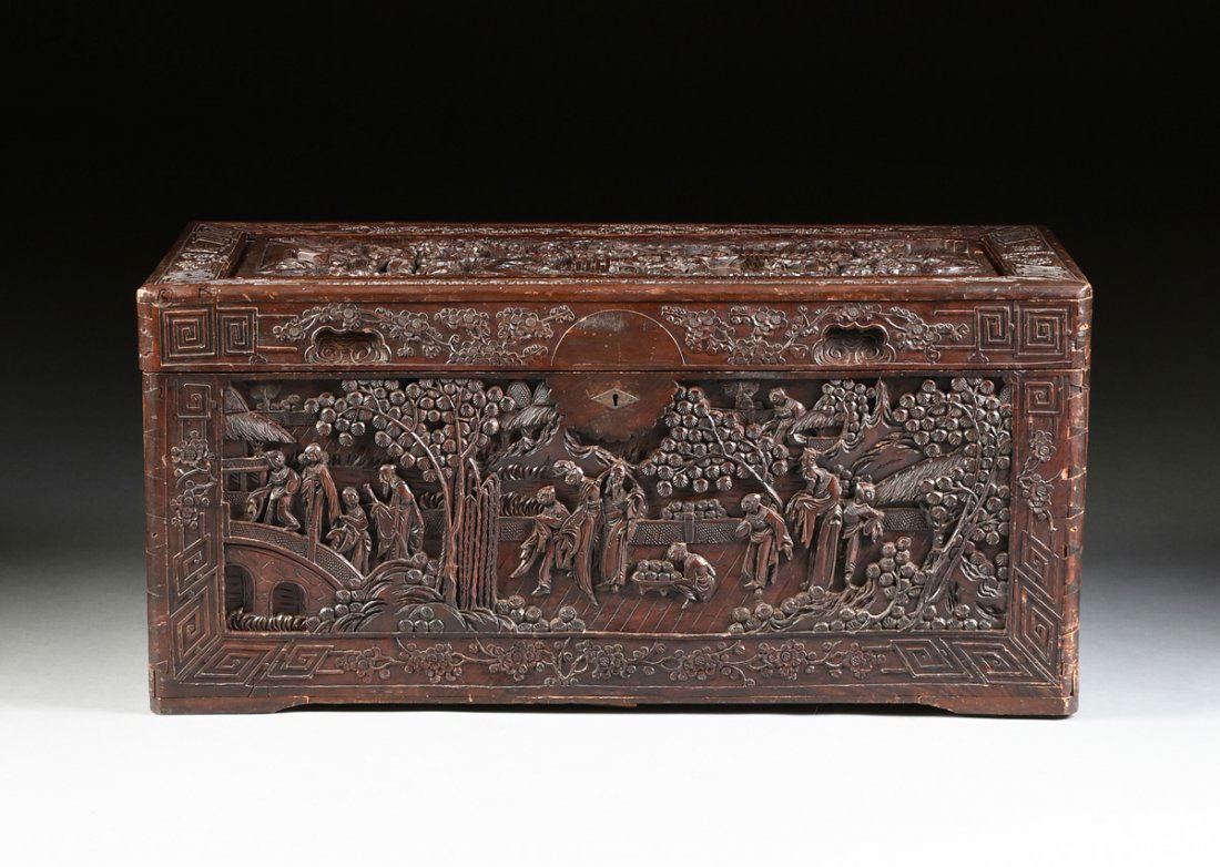A VINTAGE CHINESE ELABORATELY CARVED WOOD TRUNK, (1 of 10)
