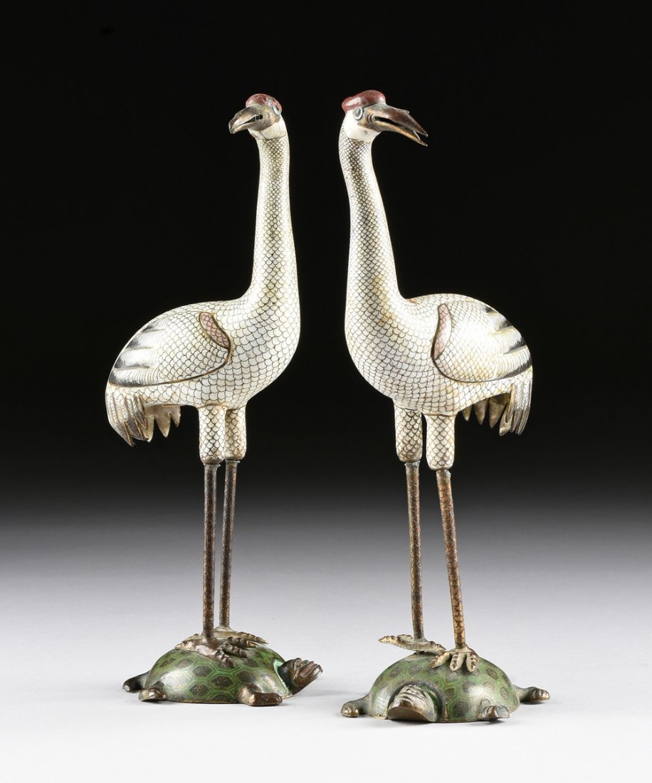 A PAIR OF CHINESE POLYCHROME ENAMELED CLOISONNÉ CRANES, (1 of 10)