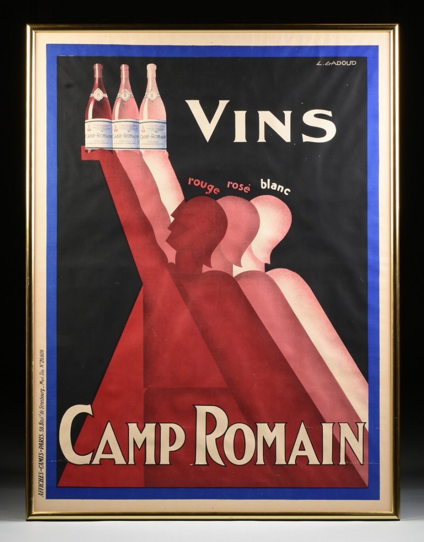 CLAUDE GADOUD (French 1905-1991) A POSTER, "Vins Camp: CLAUDE GADOUD (French 1905-1991) A POSTER, "Vins Camp Romain" original lithograph poster, printed by Camis, Paris, Paris. 63" x 47" NOTE: Still in operation today, Camp de Romain wine is produced in L