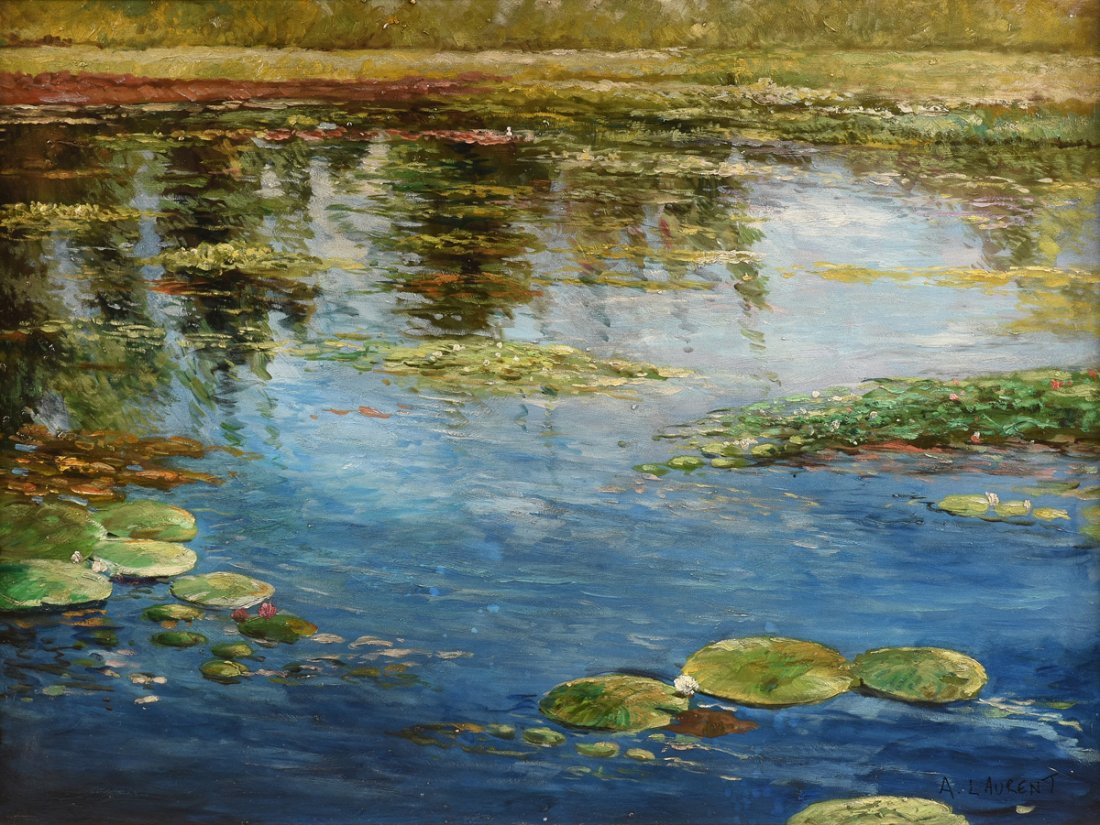 A. LAURENT (American 20th Century) A PAINTING, "Water: A. LAURENT (American 20th Century) A PAINTING, "Water Lillies IV," oil on canvas, signed L/R. 36 1/2" x 46 1/2" Provenance: Purchased from Cavelier Fine Art, Houston,Texas.
