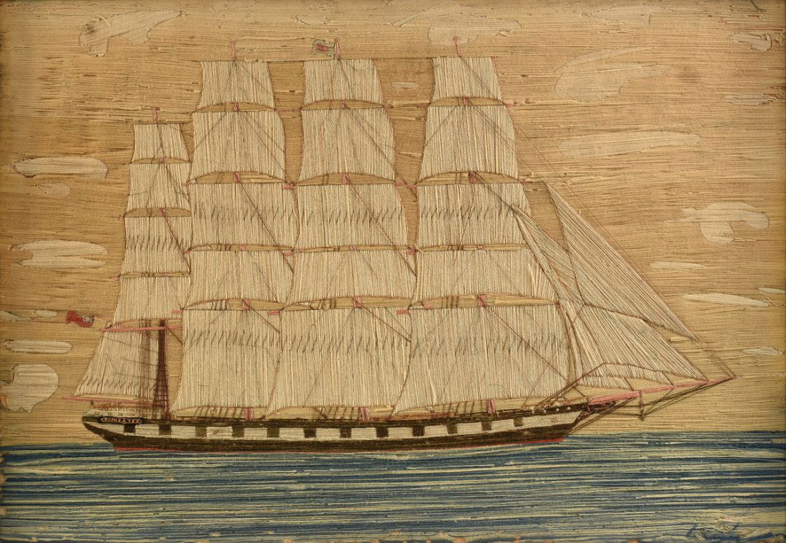 AN ANTIQUE BRITISH NEEDLEWORK PANEL OF A FOUR MAST: AN ANTIQUE BRITISH NEEDLEWORK PANEL OF A FOUR MAST SHIP, 19TH CENTURY, worked in natural colors with masts suspending five sails each above a twelve gun port body, flying the red ensign of the British