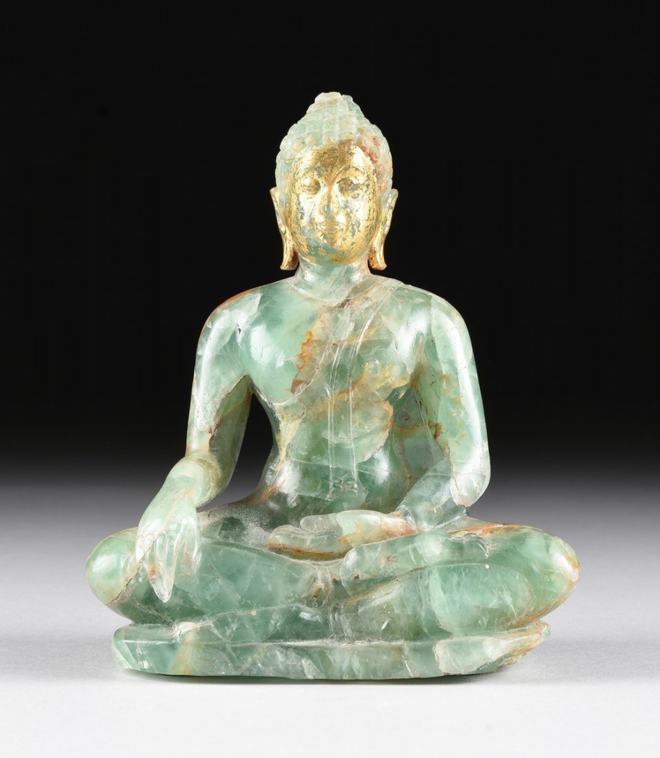 A VINTAGE CHINESE PARCEL GILT CARVED GREEN QUARTZ (1 of 8)