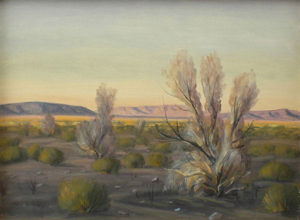 CARL GLEN BRAY (American/California 1917 - ) A PAI: CARL GLEN BRAY (American/California 1917 - ) A PAINTING, "Landscape Desert," oil on board, signed L/L. 12" x 16". Framed. NOTE: Studied with Maynard Dixon and Russell Swan.