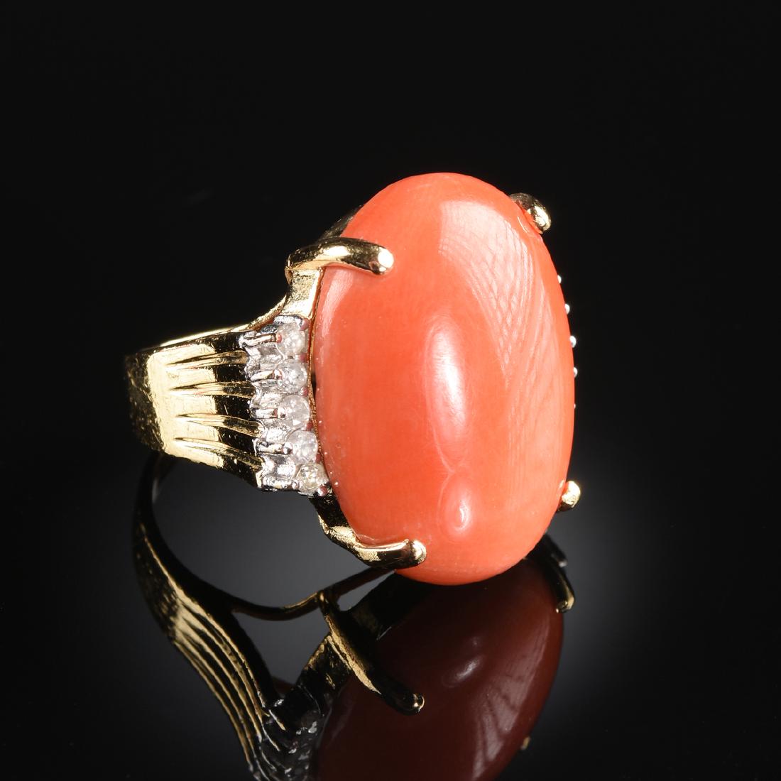 A 14K YELLOW GOLD, PINK CORAL AND DIAMOND LADY'S RING, (1 of 2)