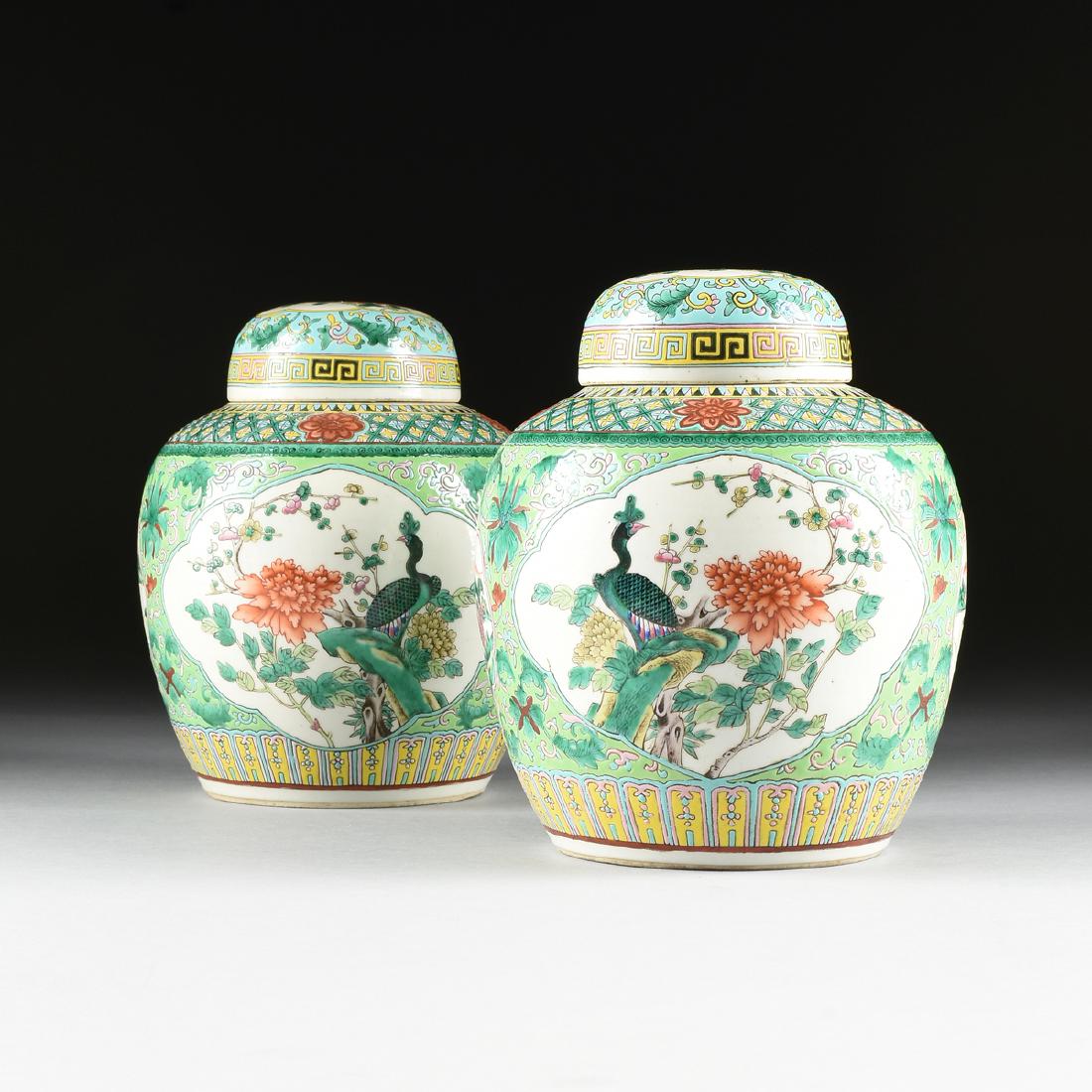 A PAIR OF CHINESE "FAMILLE VERTE" PORCELAIN GINGER JARS (1 of 14)