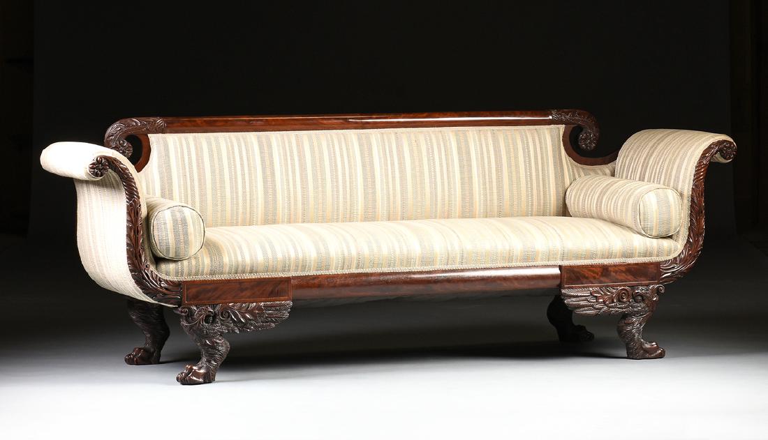 AN AMERICAN CLASSICAL STYLE CARVED MAHOGANY SOFA, (1 of 9)