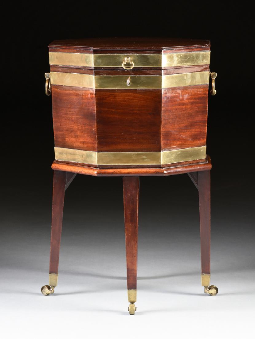 AN ENGLISH BRASS BANDED MAHOGANY CELLERETTE ON STAND, (1 of 10)