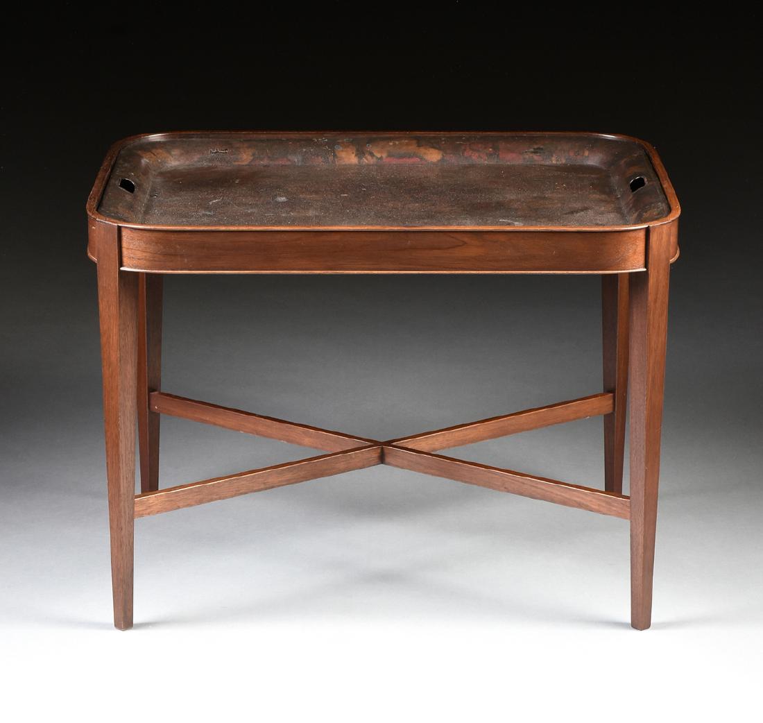A PAINTED TOLE TRAY ON MAHOGANY STAND, MID 19TH/20TH (1 of 5)